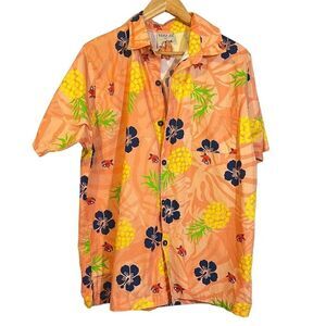 Pirana Joe‎ Hawaiian Shirt Orange Pineapple Floral Print Short Sleeve M Coastal